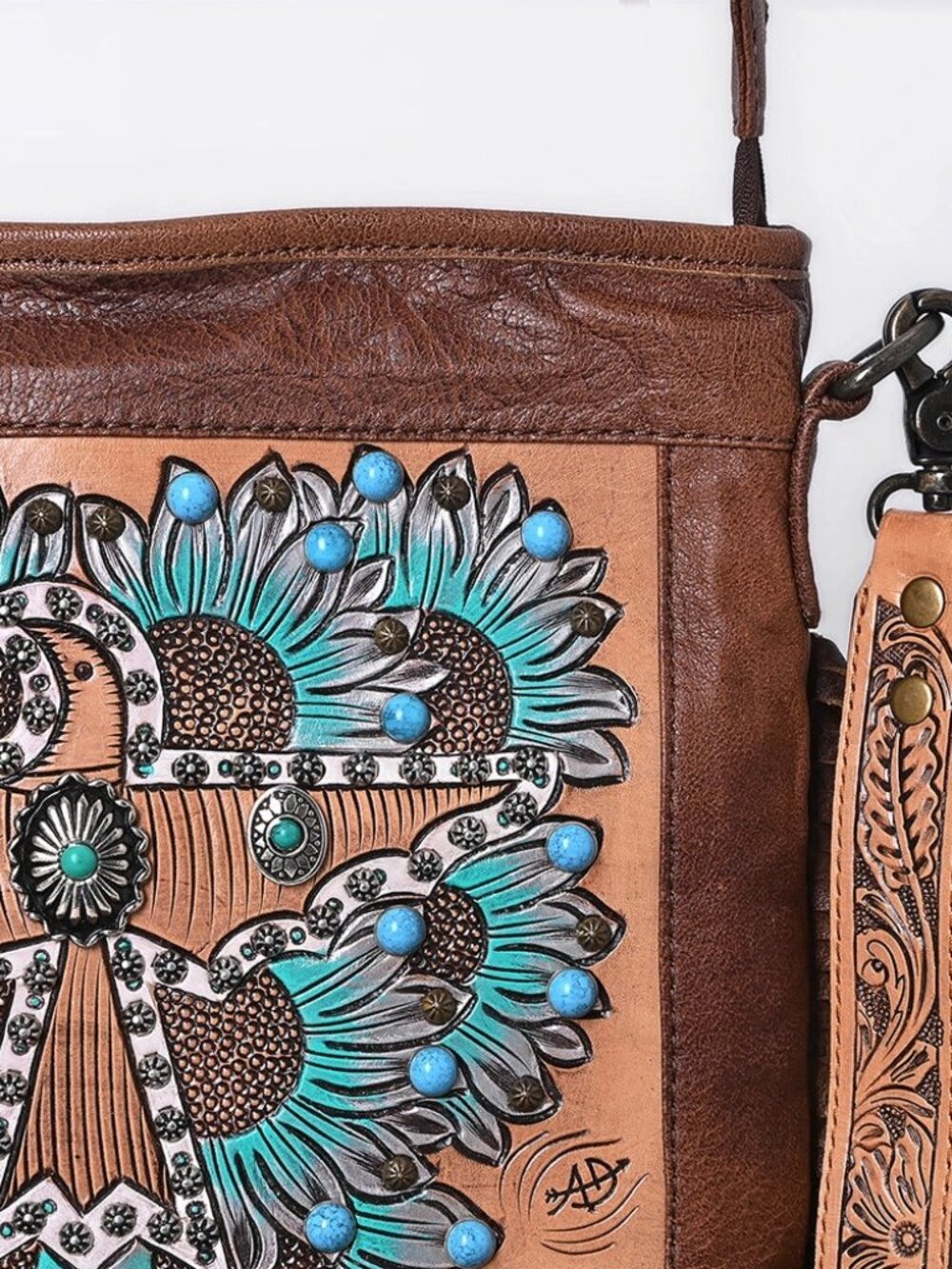 American Darling Hand-Tooled Leather Fringe Messenger Bag Cowhide Western Purse - Picture 5 of 7